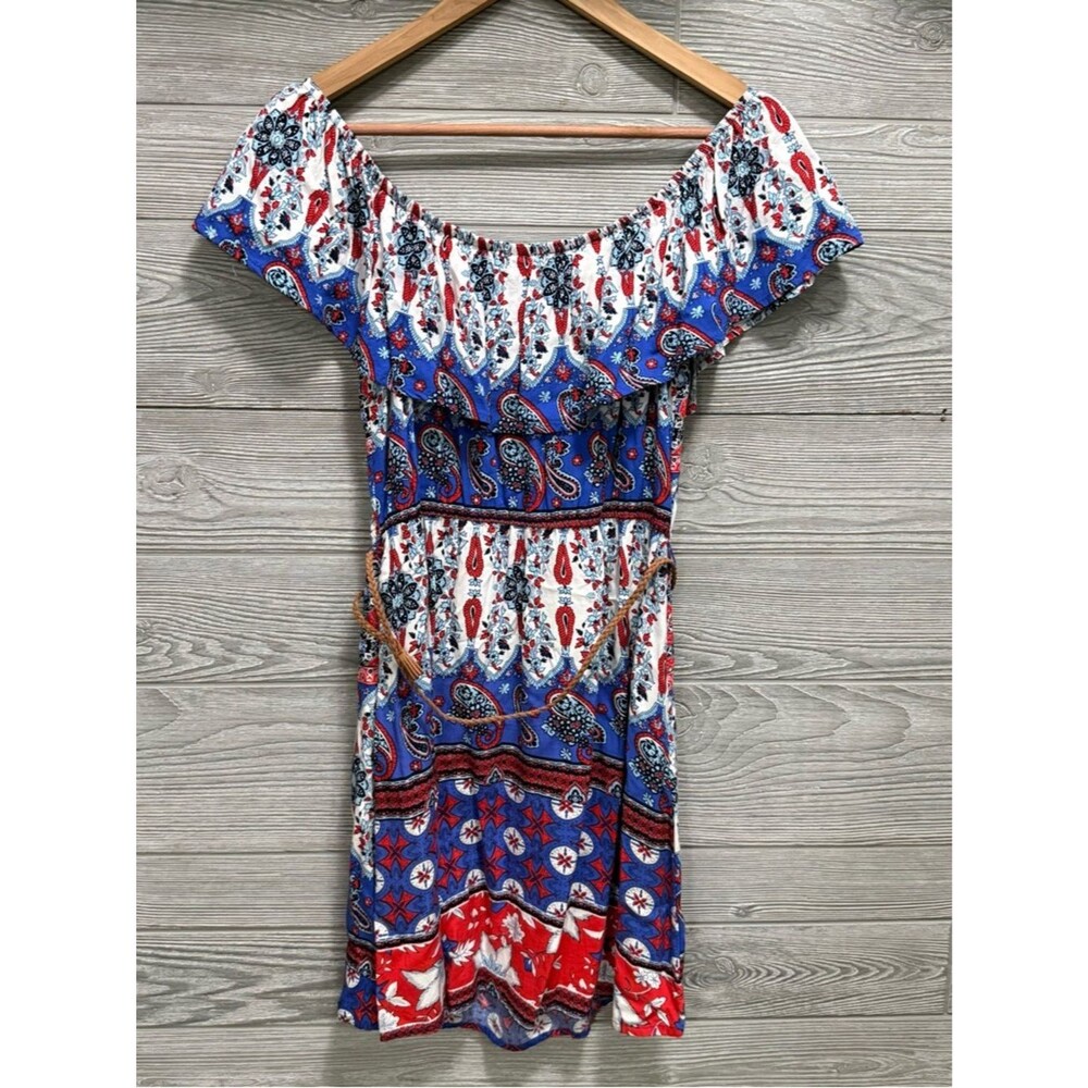 Boho Festival Peasant Mini Dress M Paisley USA Red White & Blue Western Coquette - Picture 2 of 9